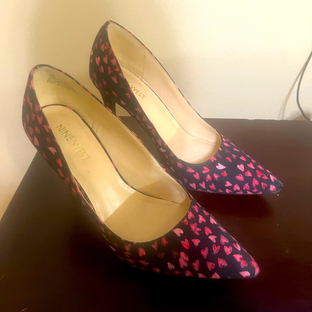 Nine West Black Pumps with Pink Heart Print